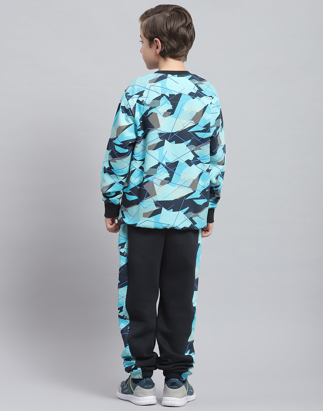 Boys Aqua Blue Printed Round Neck Full Sleeve Tracksuit