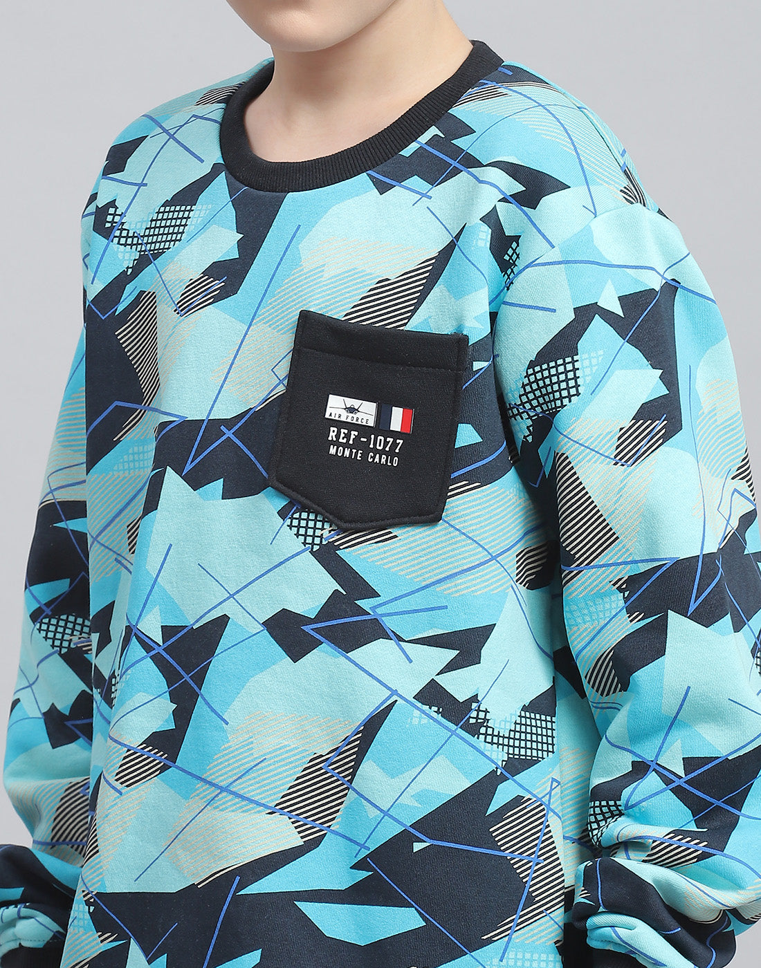 Boys Aqua Blue Printed Round Neck Full Sleeve Tracksuit