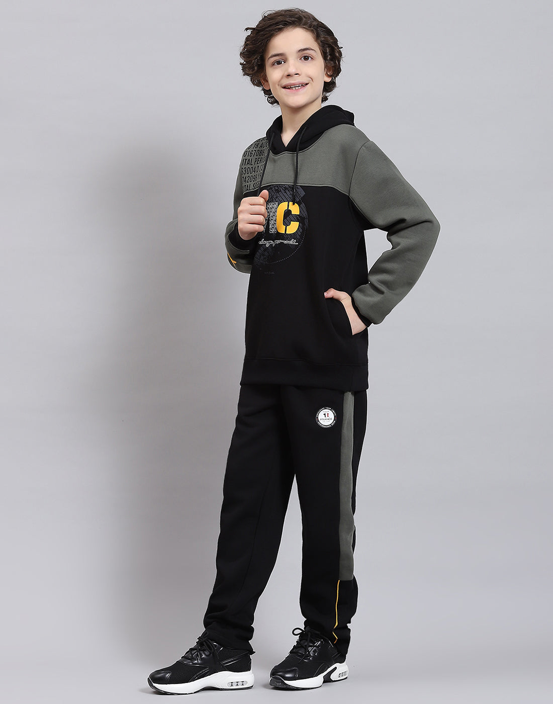 Boys Olive & Black Printed Hooded Full Sleeve Tracksuits