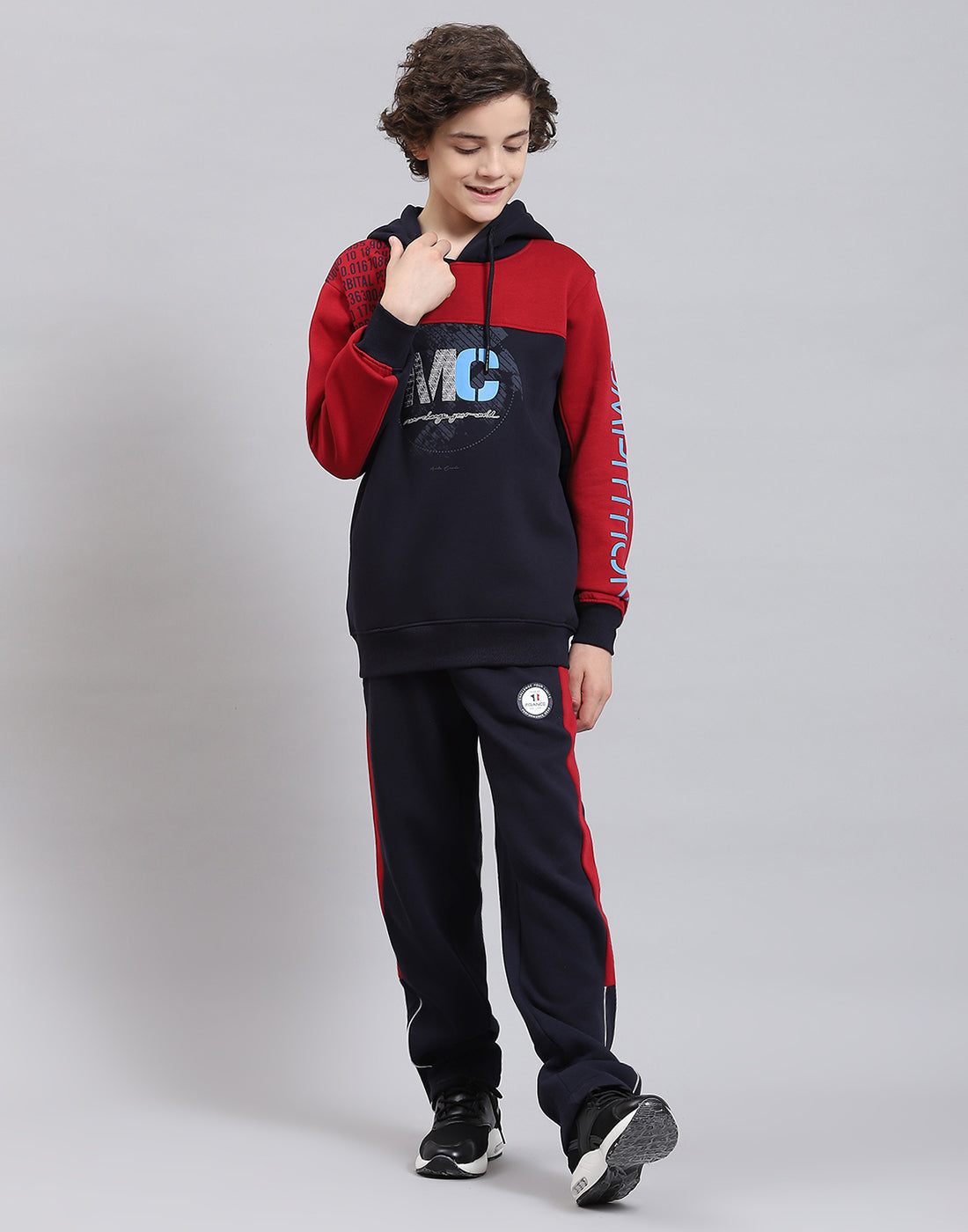 Boys Maroon & Navy Blue Printed Hooded Full Sleeve Tracksuits