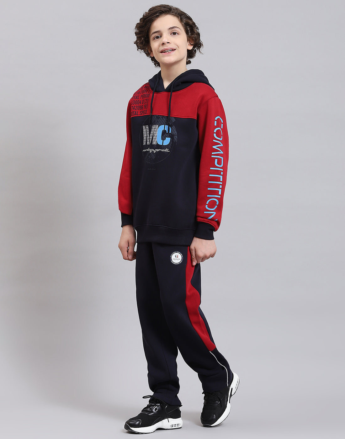 Boys Maroon & Navy Blue Printed Hooded Full Sleeve Tracksuits