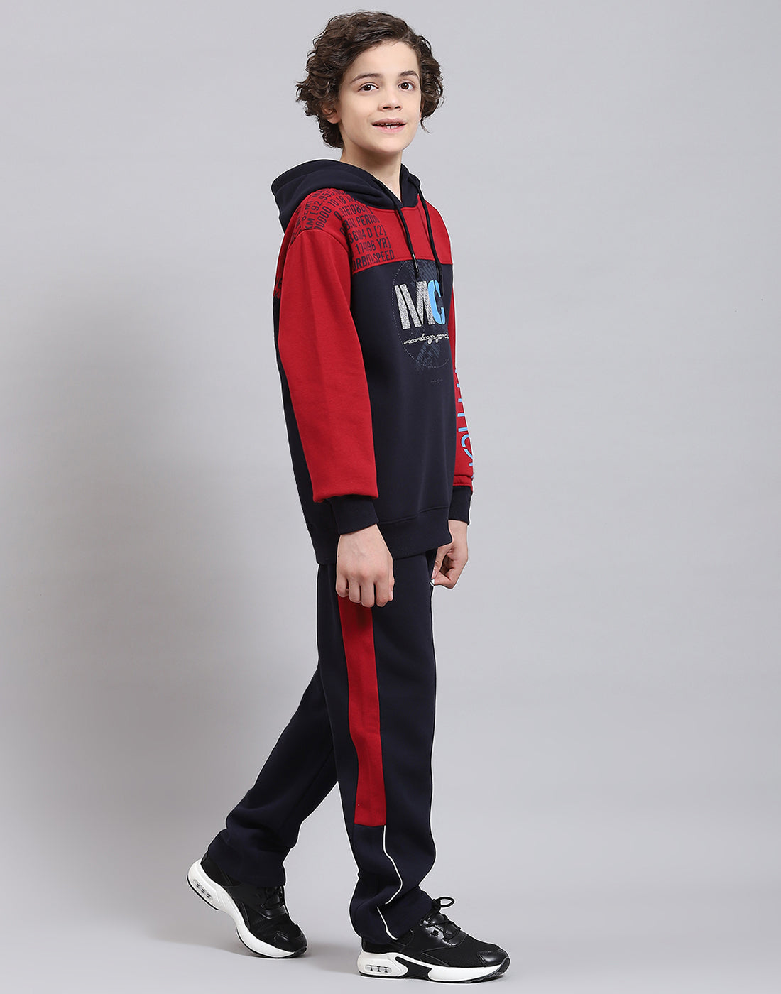 Boys Maroon & Navy Blue Printed Hooded Full Sleeve Tracksuits