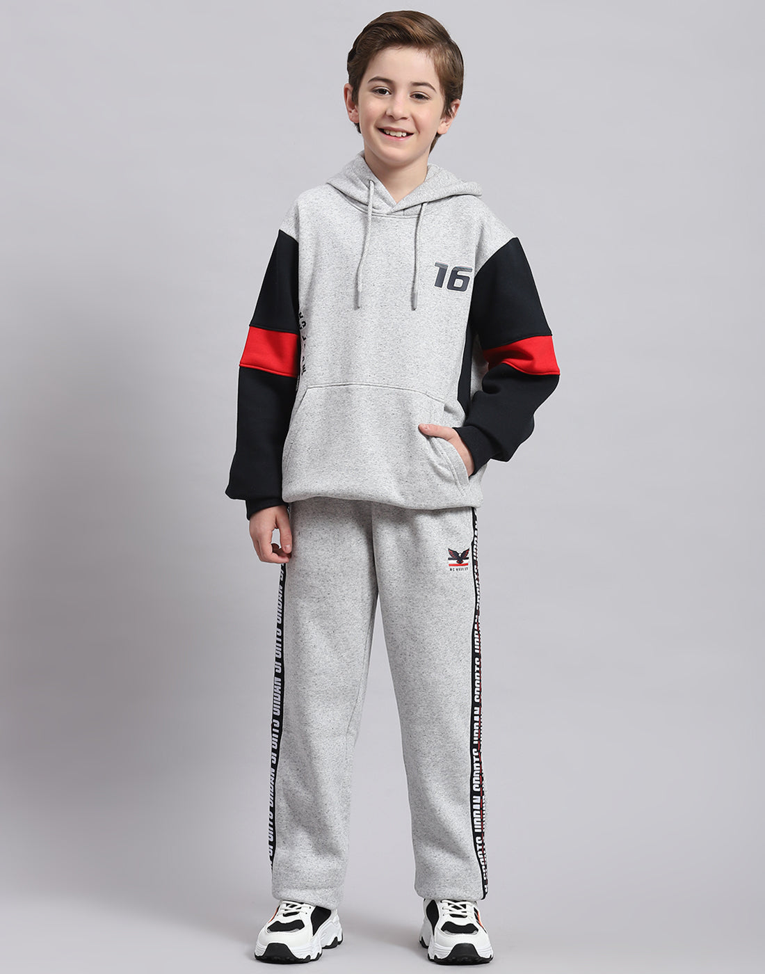 Boys Grey Melange Printed Hooded Full Sleeve Tracksuit
