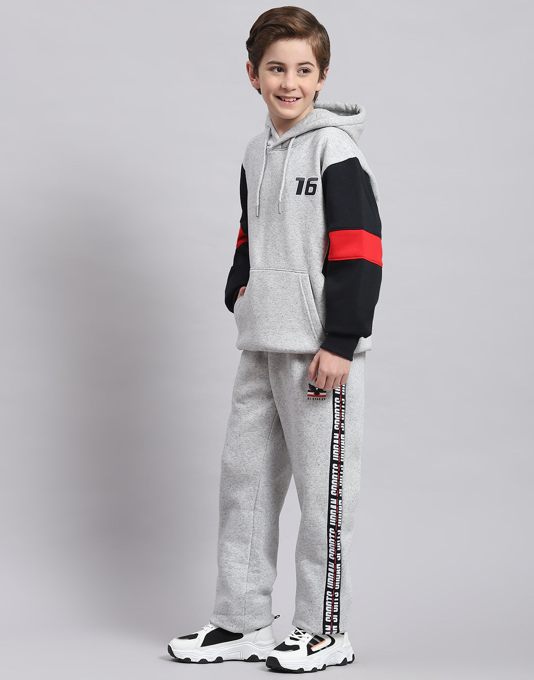 Boys Grey Melange Printed Hooded Full Sleeve Tracksuit