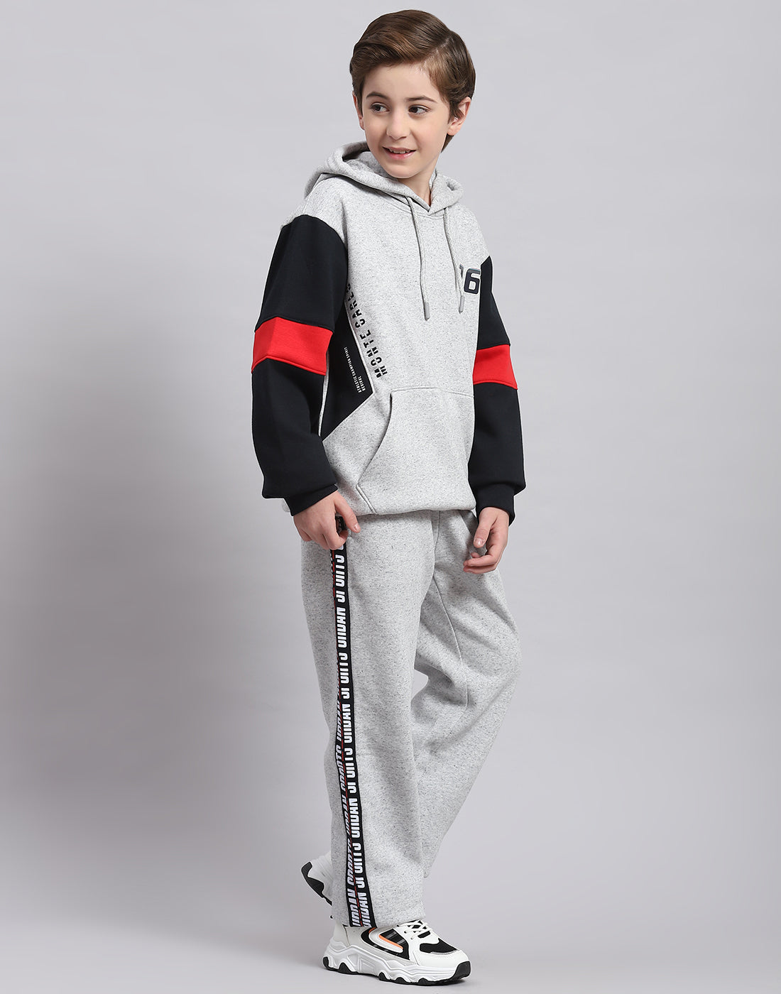 Boys Grey Melange Printed Hooded Full Sleeve Tracksuit