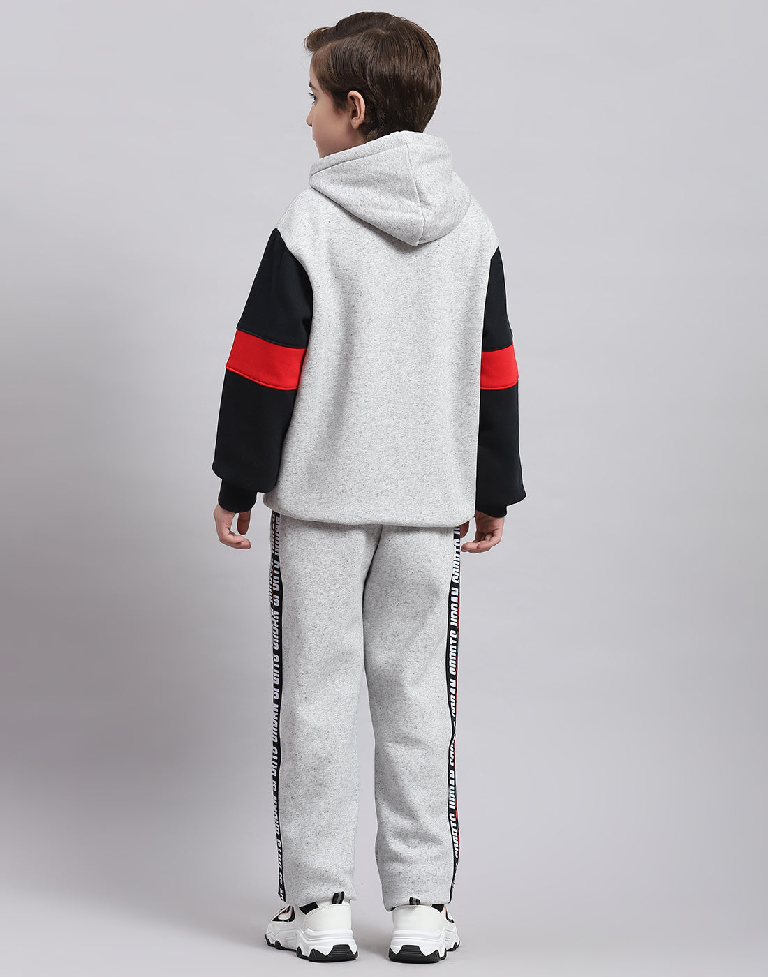 Boys Grey Melange Printed Hooded Full Sleeve Tracksuit