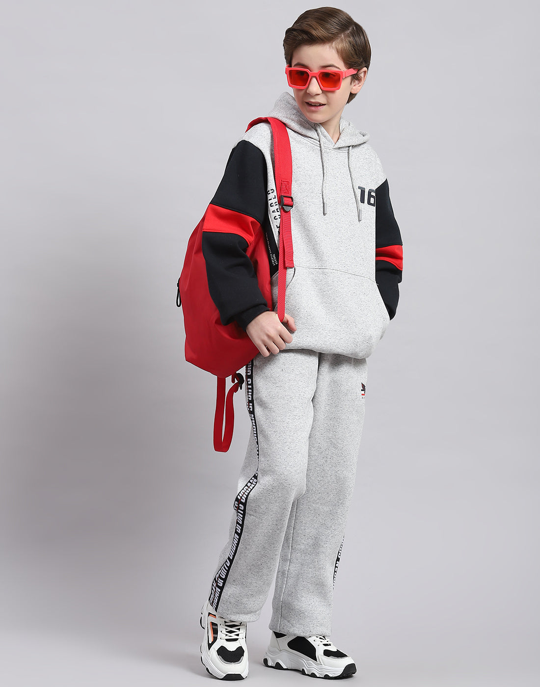 Boys Grey Melange Printed Hooded Full Sleeve Tracksuit