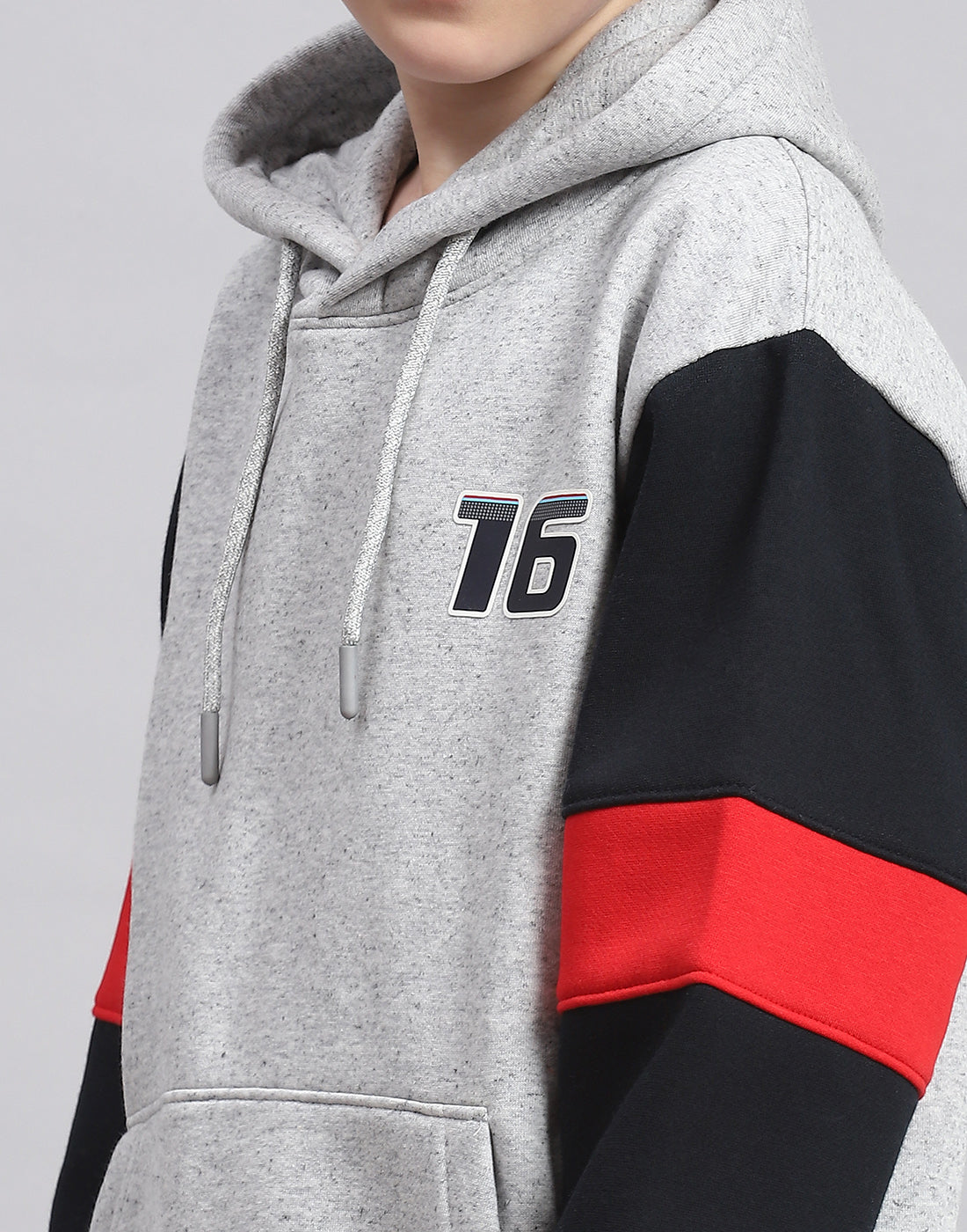 Boys Grey Melange Printed Hooded Full Sleeve Tracksuit