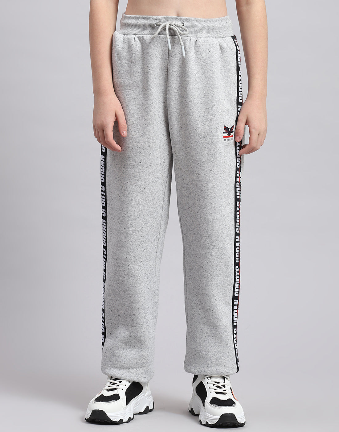 Boys Grey Melange Printed Hooded Full Sleeve Tracksuit