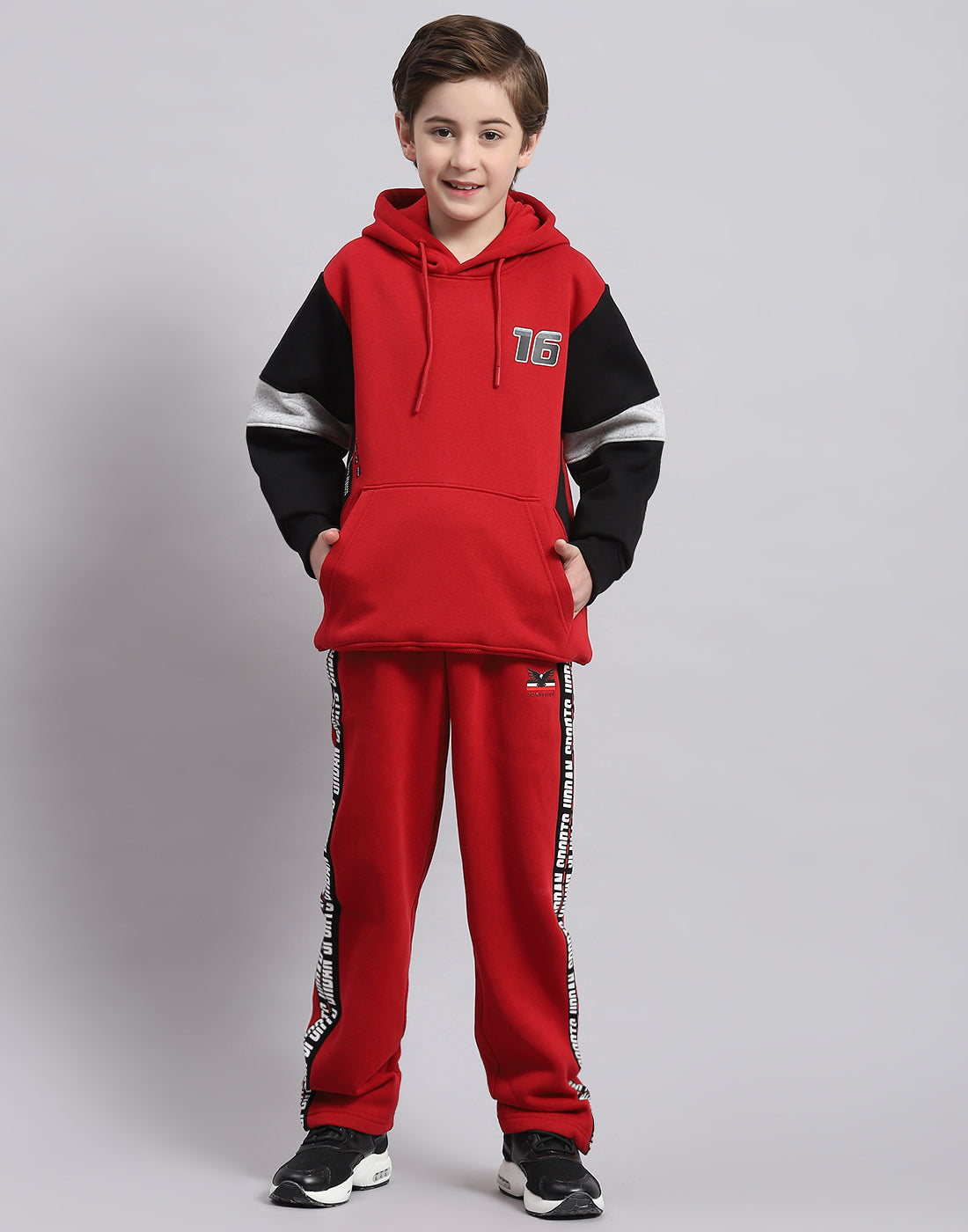 Boys Red Printed Hooded Full Sleeve Tracksuit