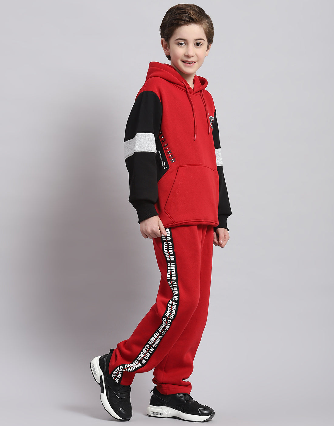 Boys Red Printed Hooded Full Sleeve Tracksuit