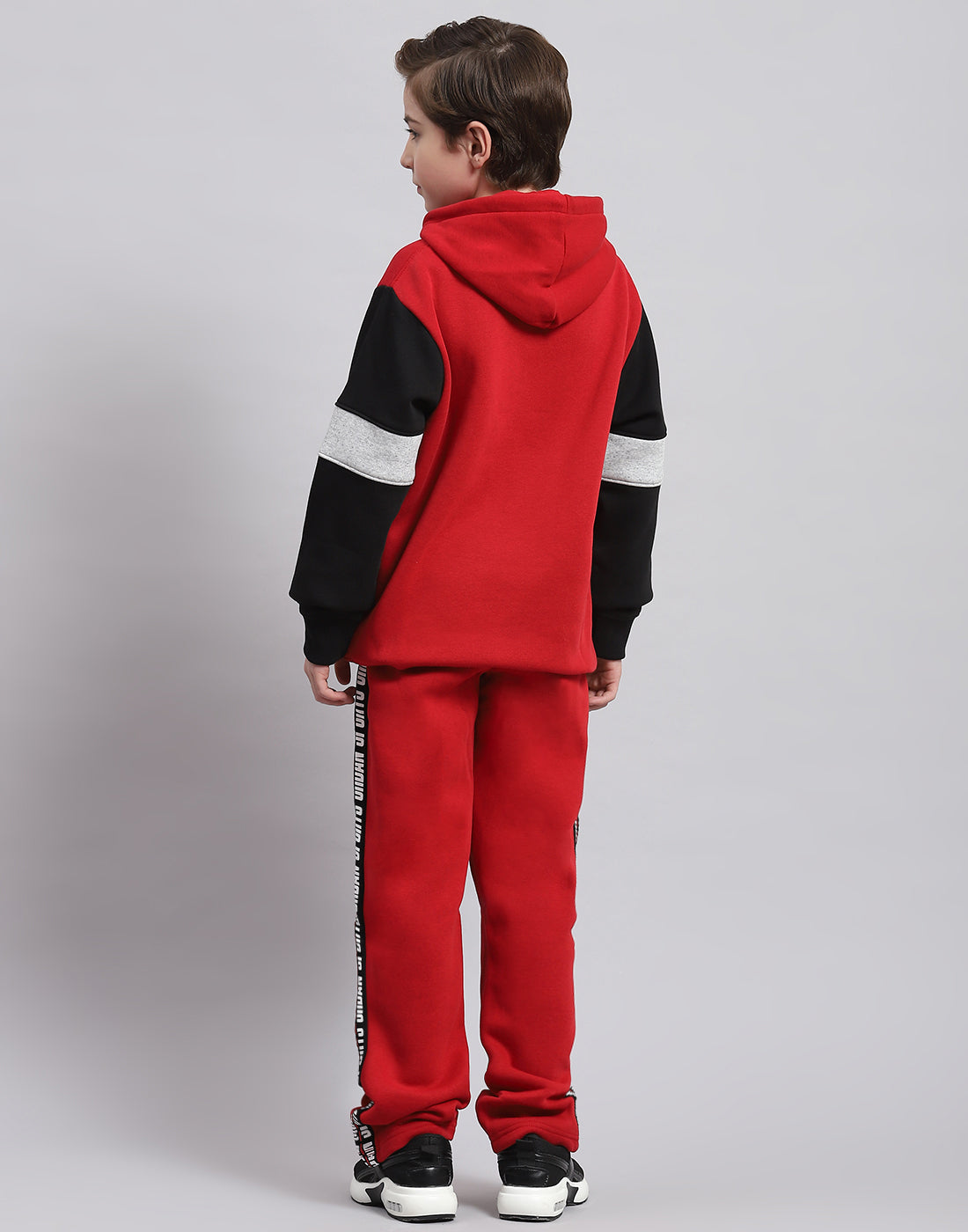 Boys Red Printed Hooded Full Sleeve Tracksuit