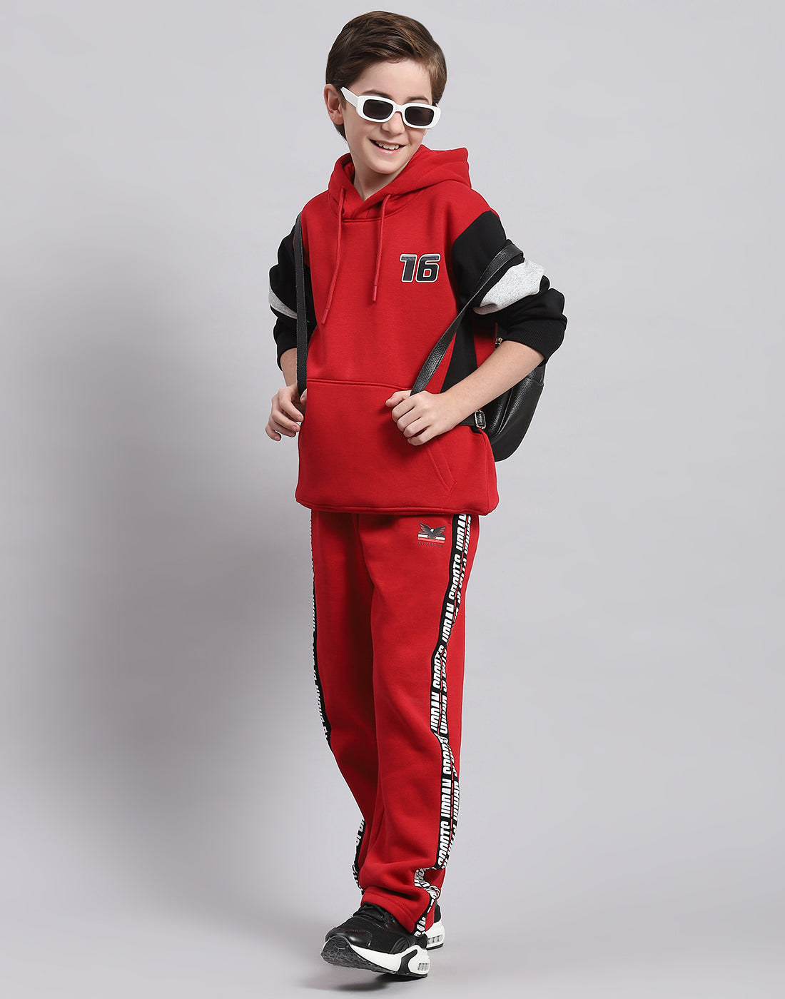 Boys Red Printed Hooded Full Sleeve Tracksuit