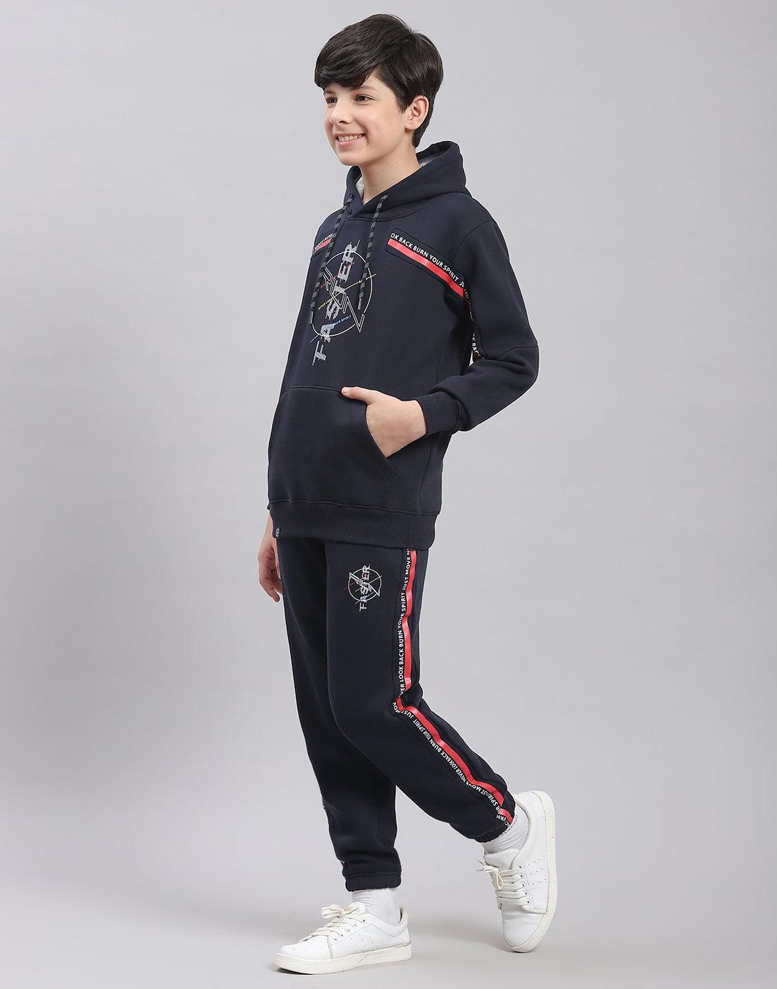 Boys Navy Blue Printed Hooded Full Sleeve Tracksuit