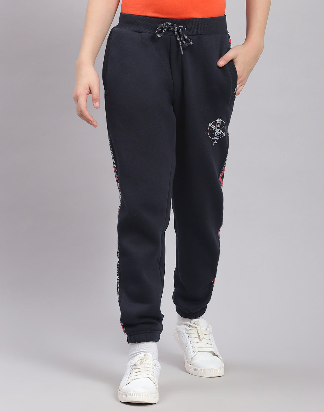 Boys Navy Blue Printed Hooded Full Sleeve Tracksuit