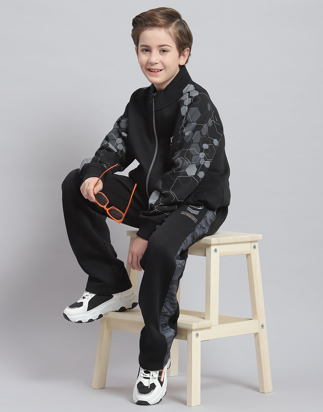 Boys Black Printed Stand Collar Full Sleeve Tracksuit