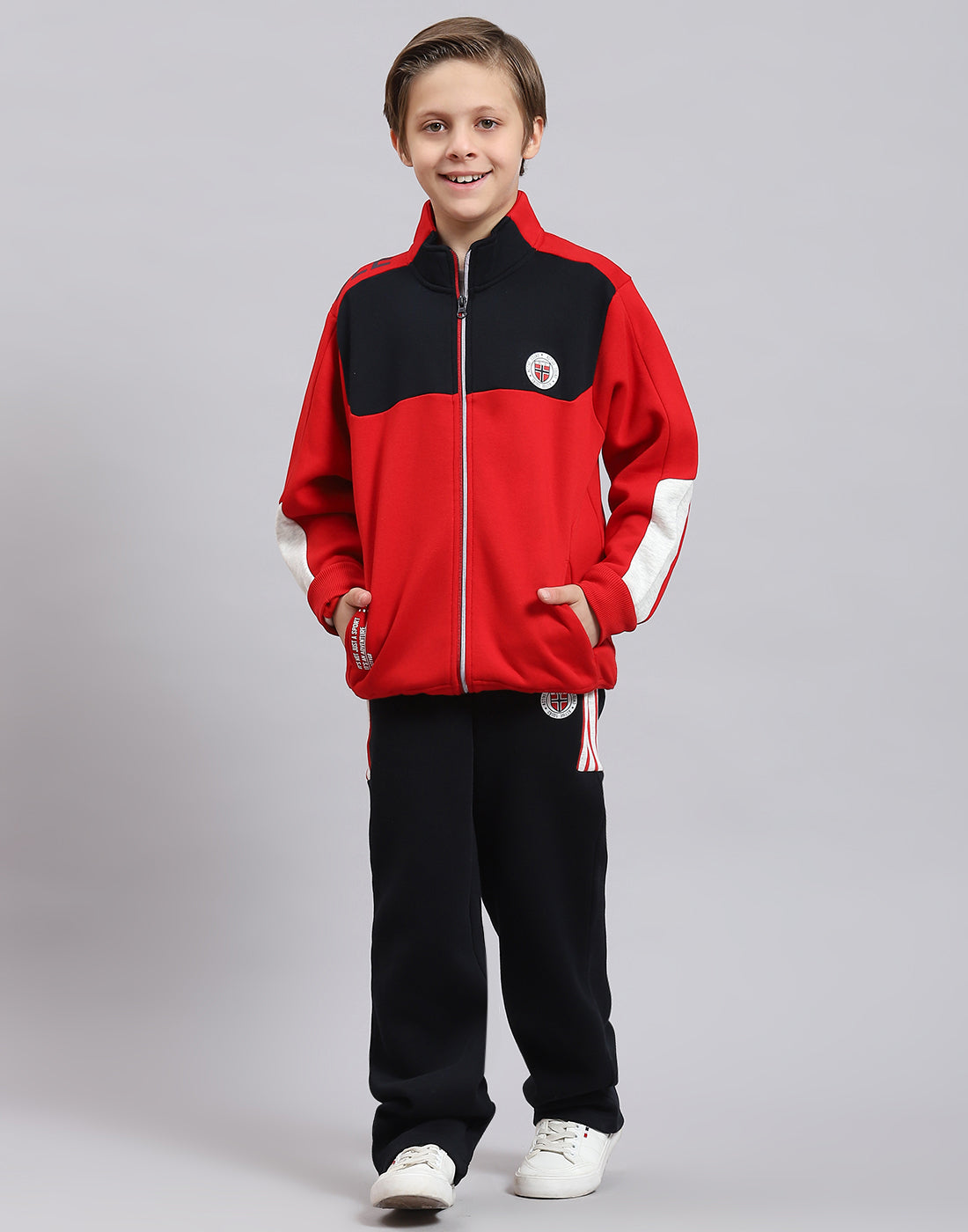 Boys Red Printed Stand Collar Full Sleeve Tracksuit