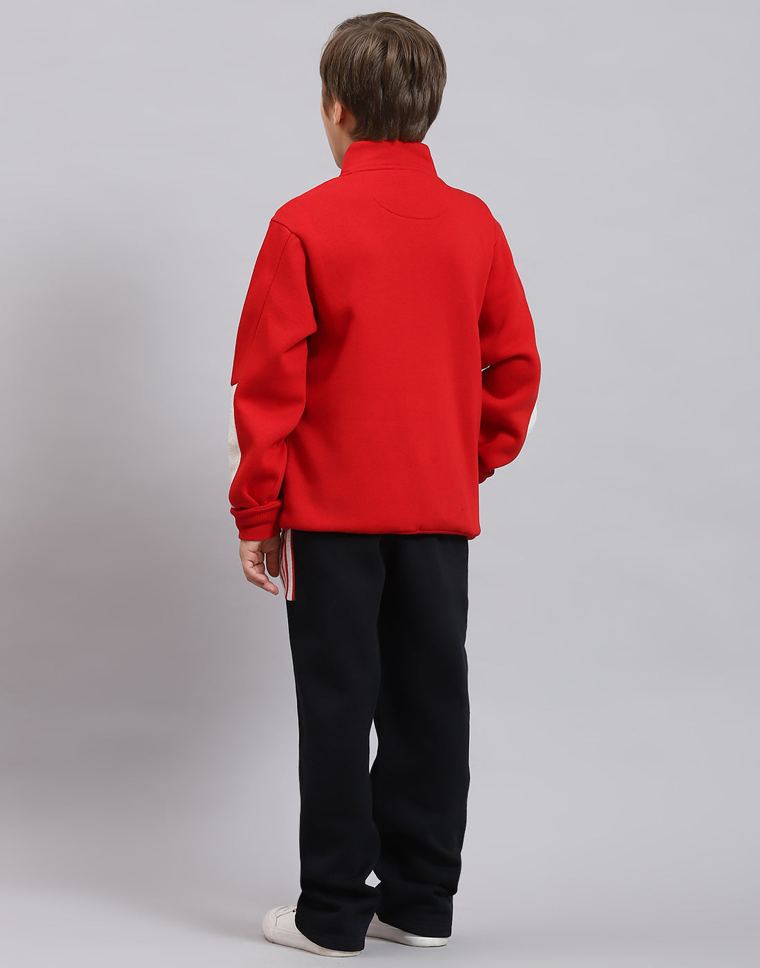 Boys Red Printed Stand Collar Full Sleeve Tracksuit