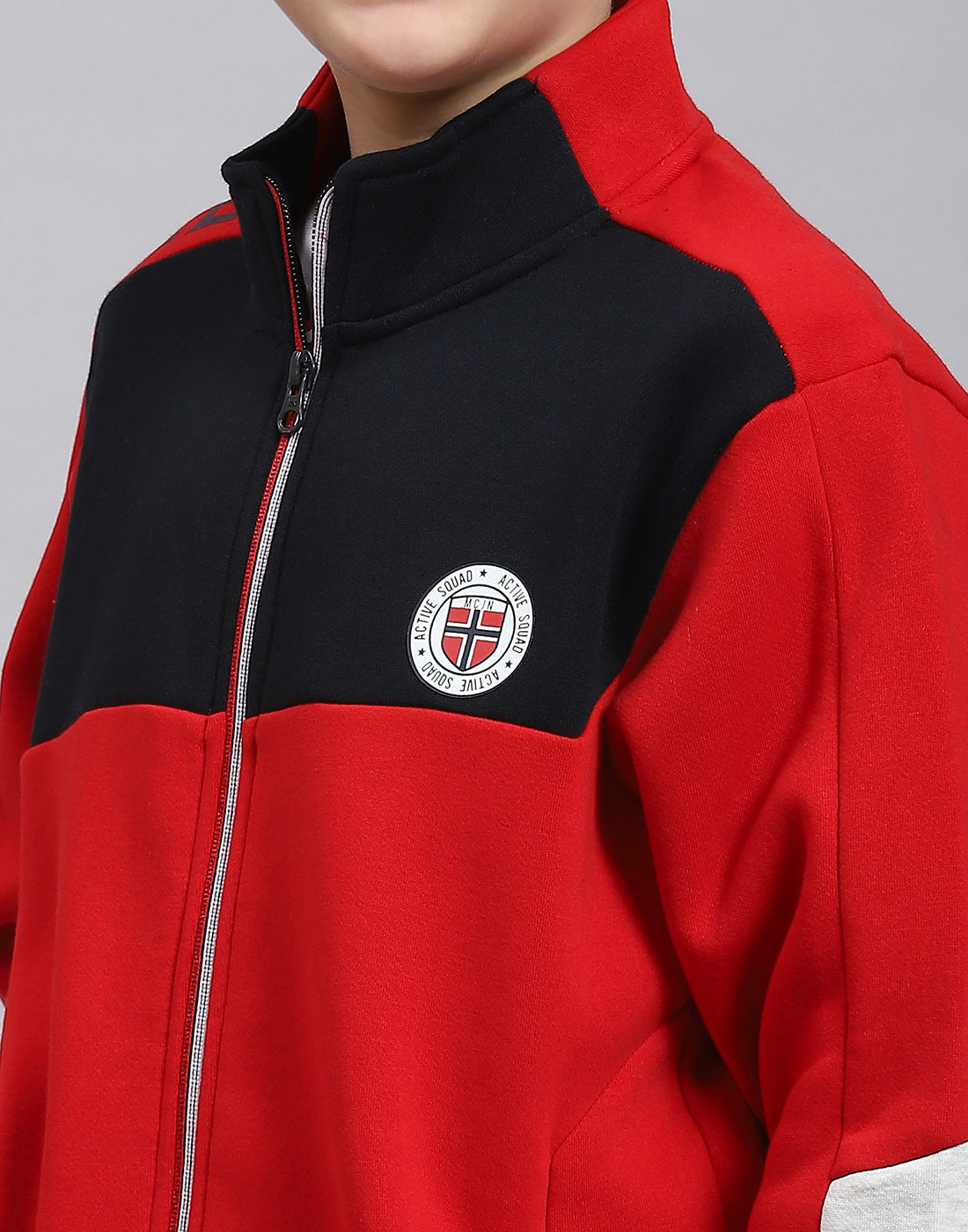 Boys Red Printed Stand Collar Full Sleeve Tracksuit