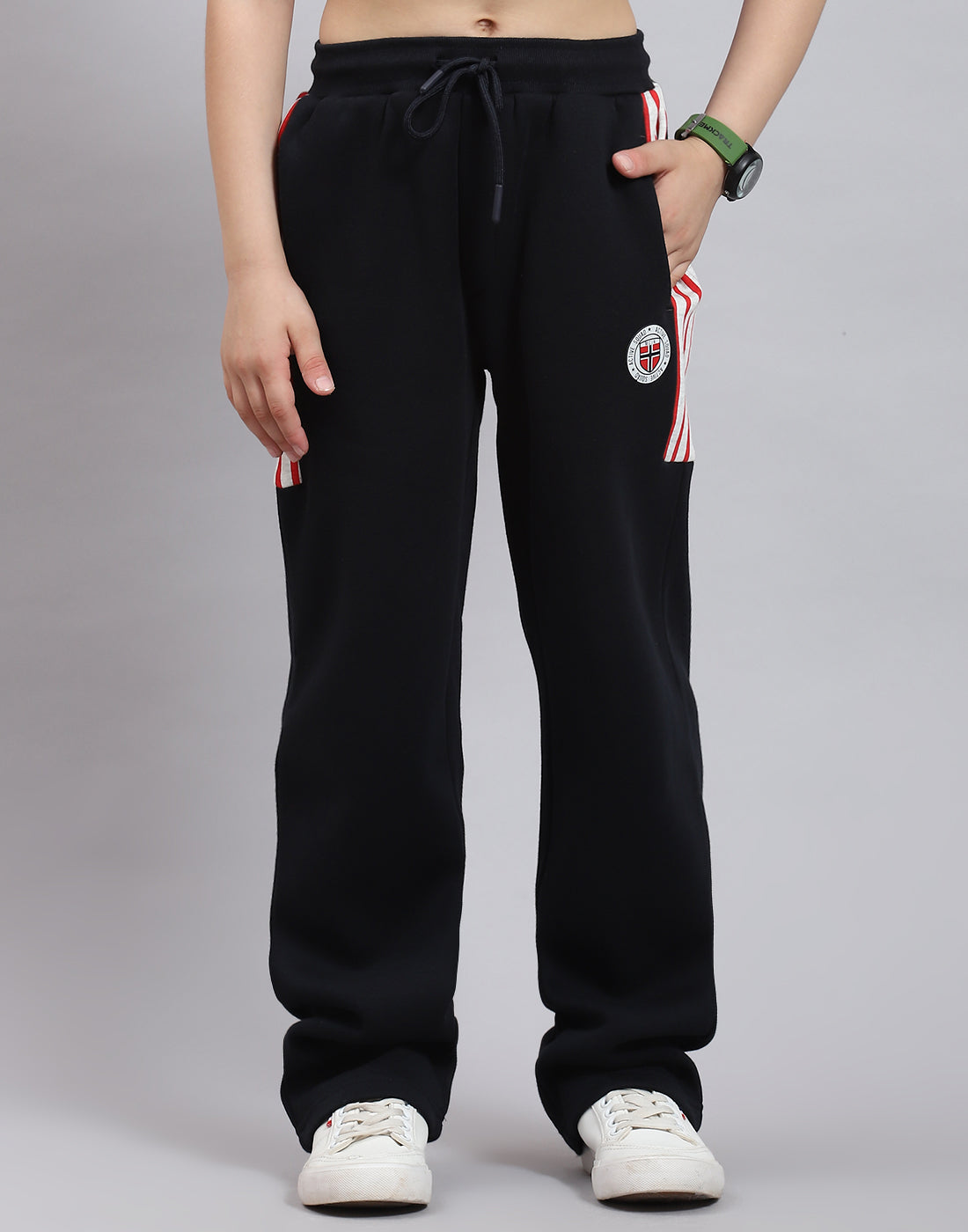 Boys Red Printed Stand Collar Full Sleeve Tracksuit