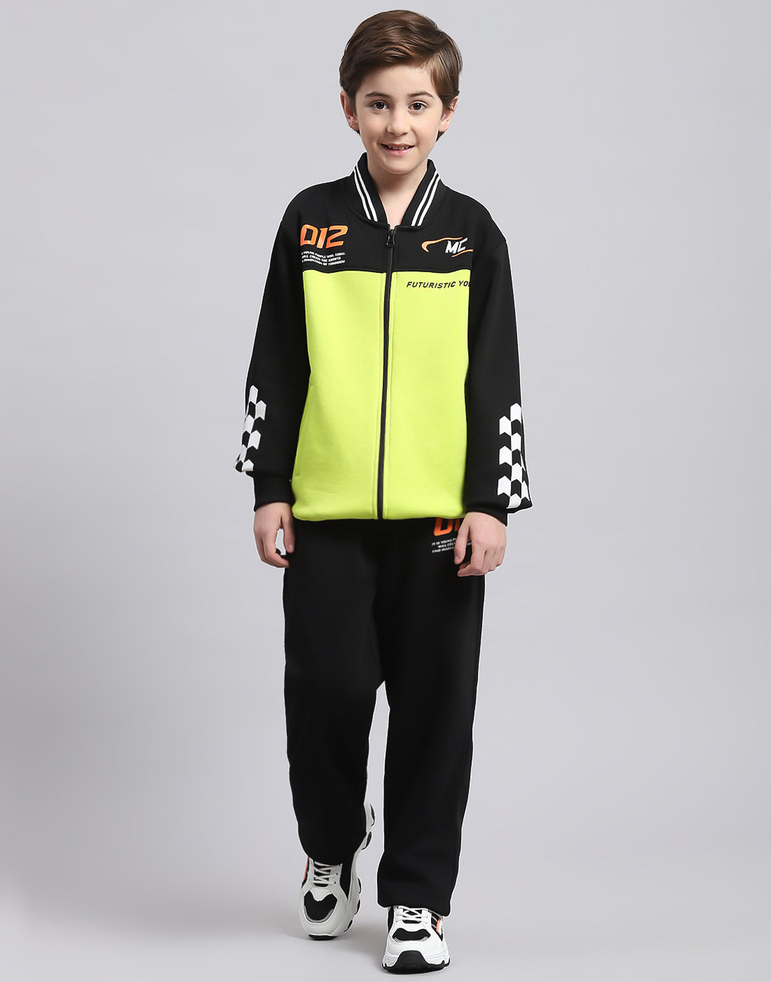 Boys Green Printed Stand Collar Full Sleeve Tracksuit