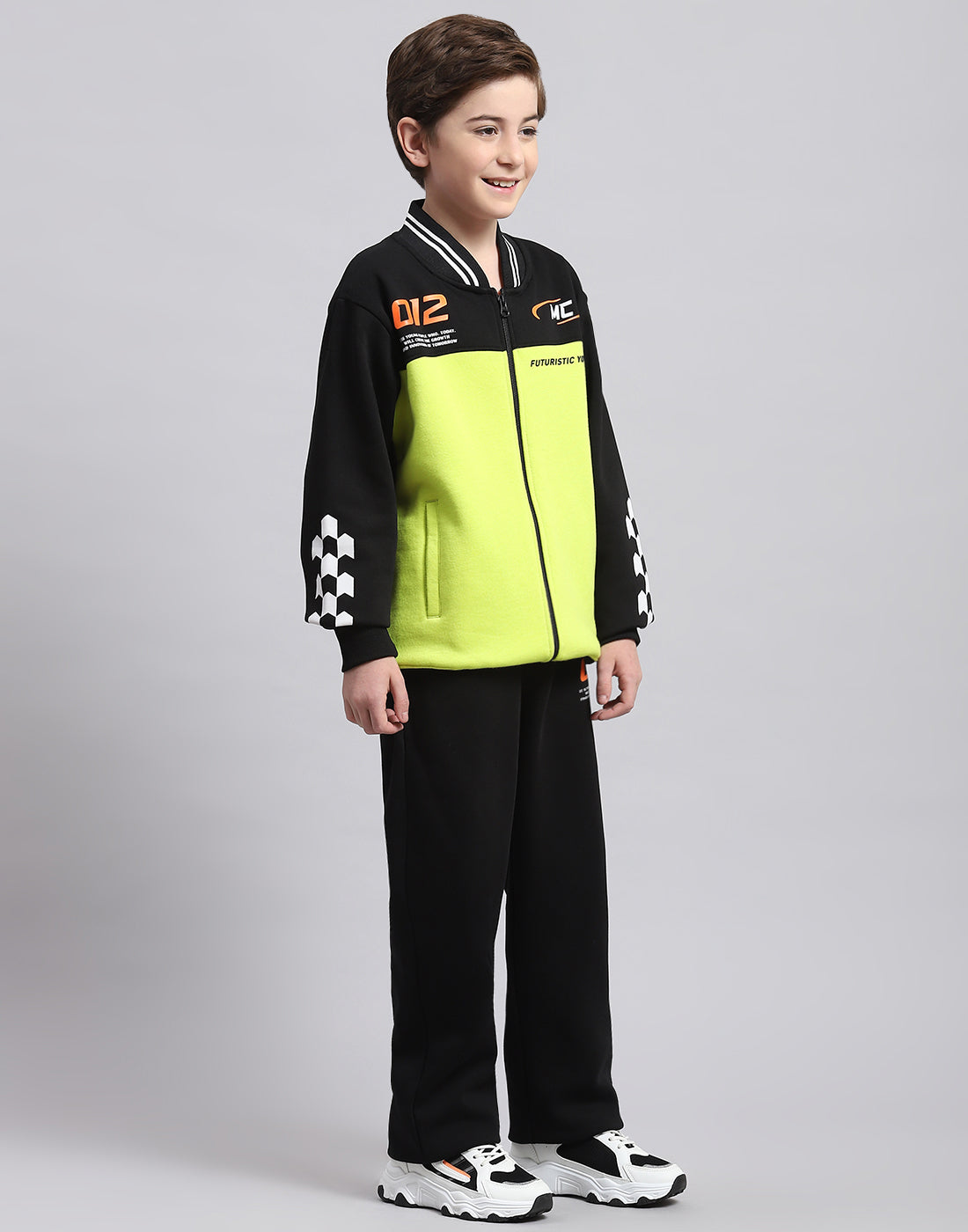 Boys Green Printed Stand Collar Full Sleeve Tracksuit