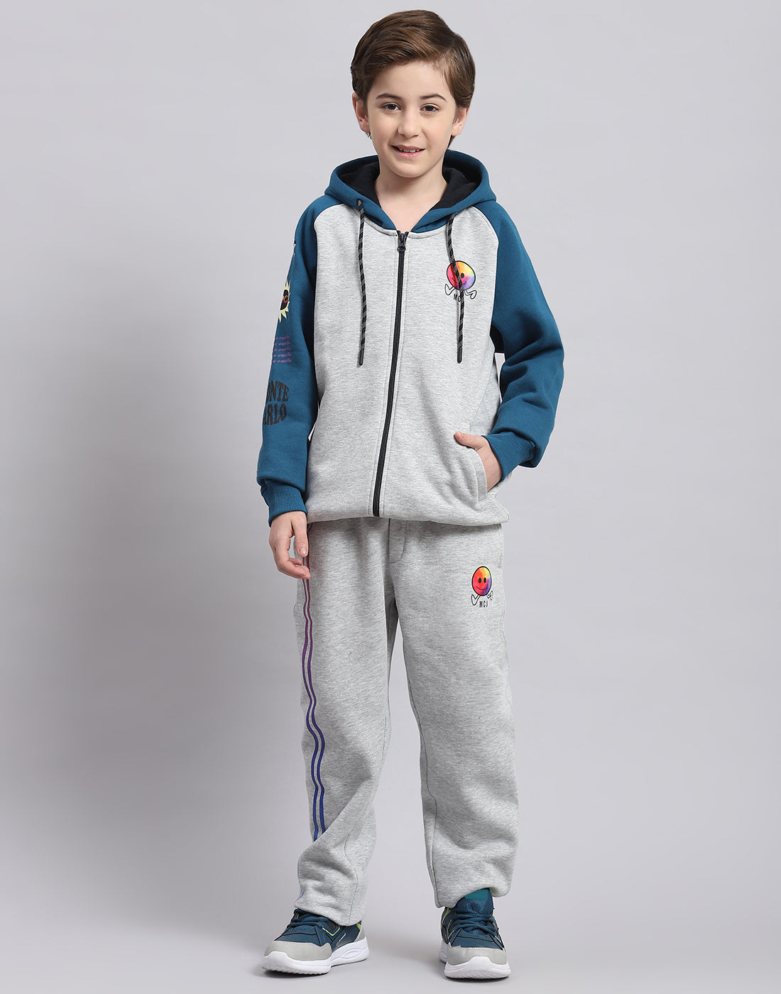 Boys Grey Melange Printed Hooded Full Sleeve Tracksuit