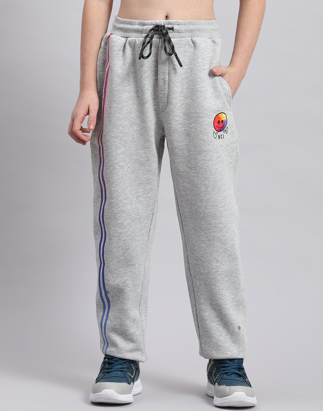 Boys Grey Melange Printed Hooded Full Sleeve Tracksuit