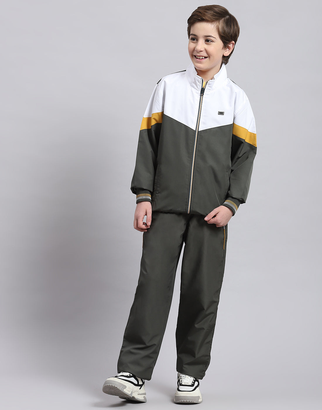 Boys Olive Printed Stand Collar Full Sleeve Tracksuit