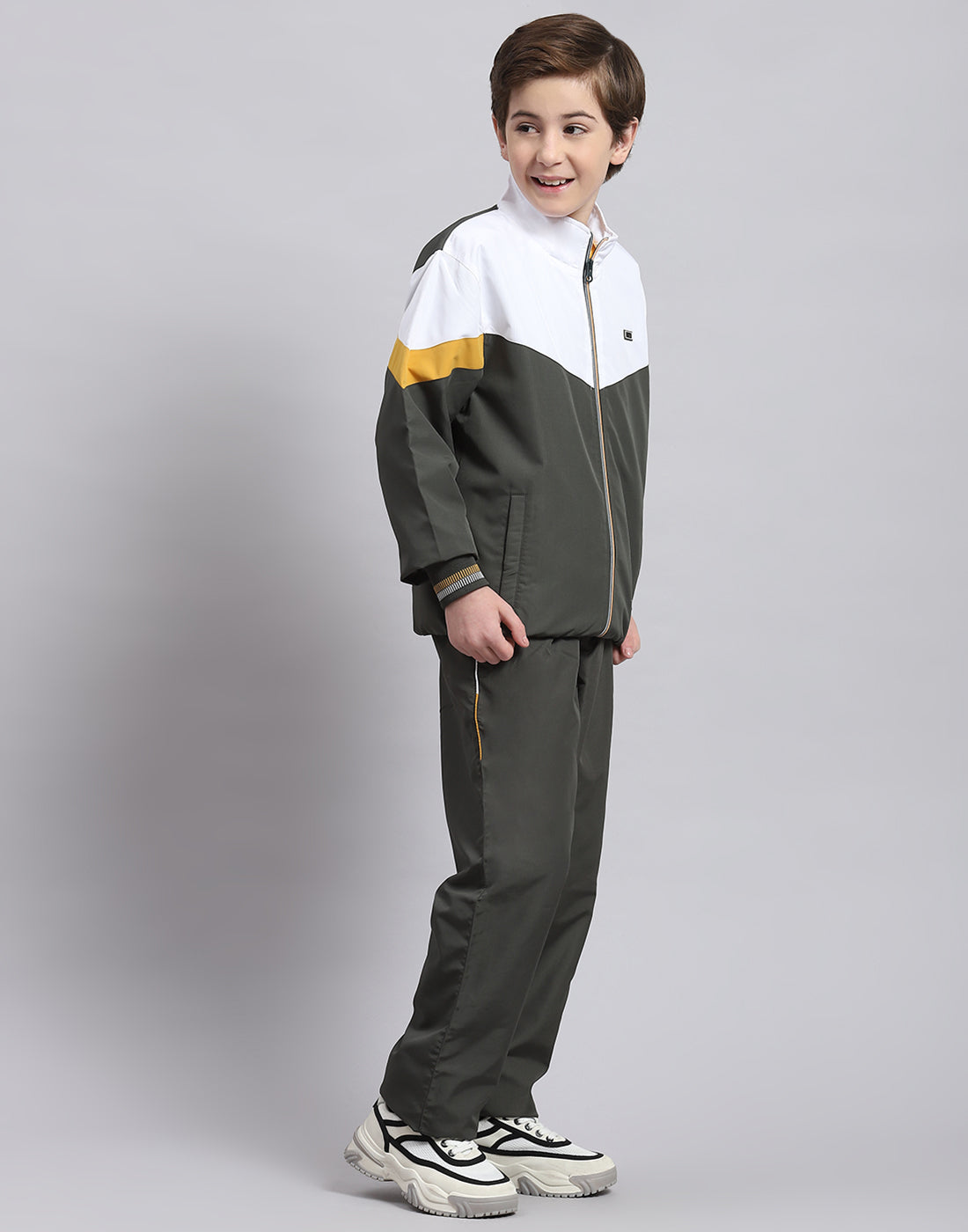 Boys Olive Printed Stand Collar Full Sleeve Tracksuit