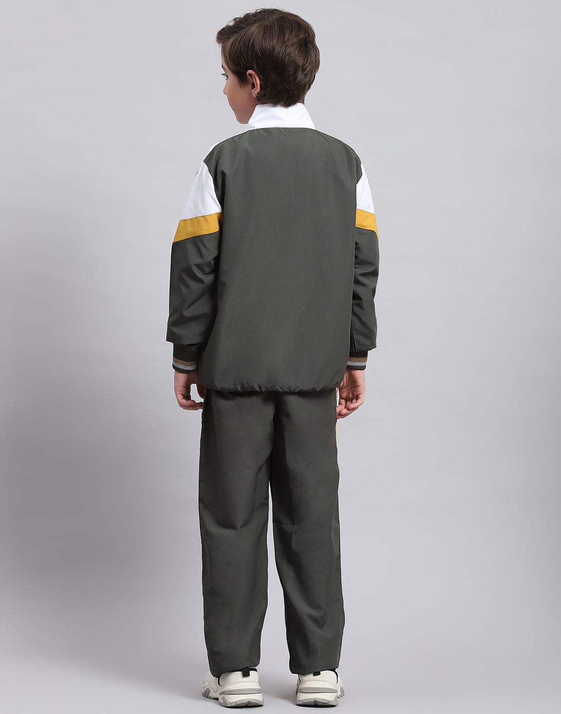 Boys Olive Printed Stand Collar Full Sleeve Tracksuit