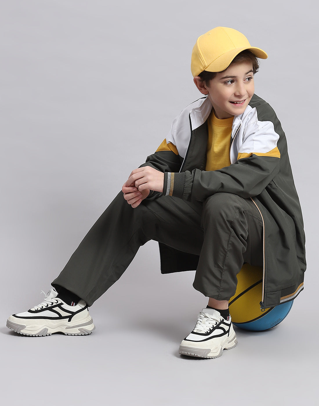 Boys Olive Printed Stand Collar Full Sleeve Tracksuit