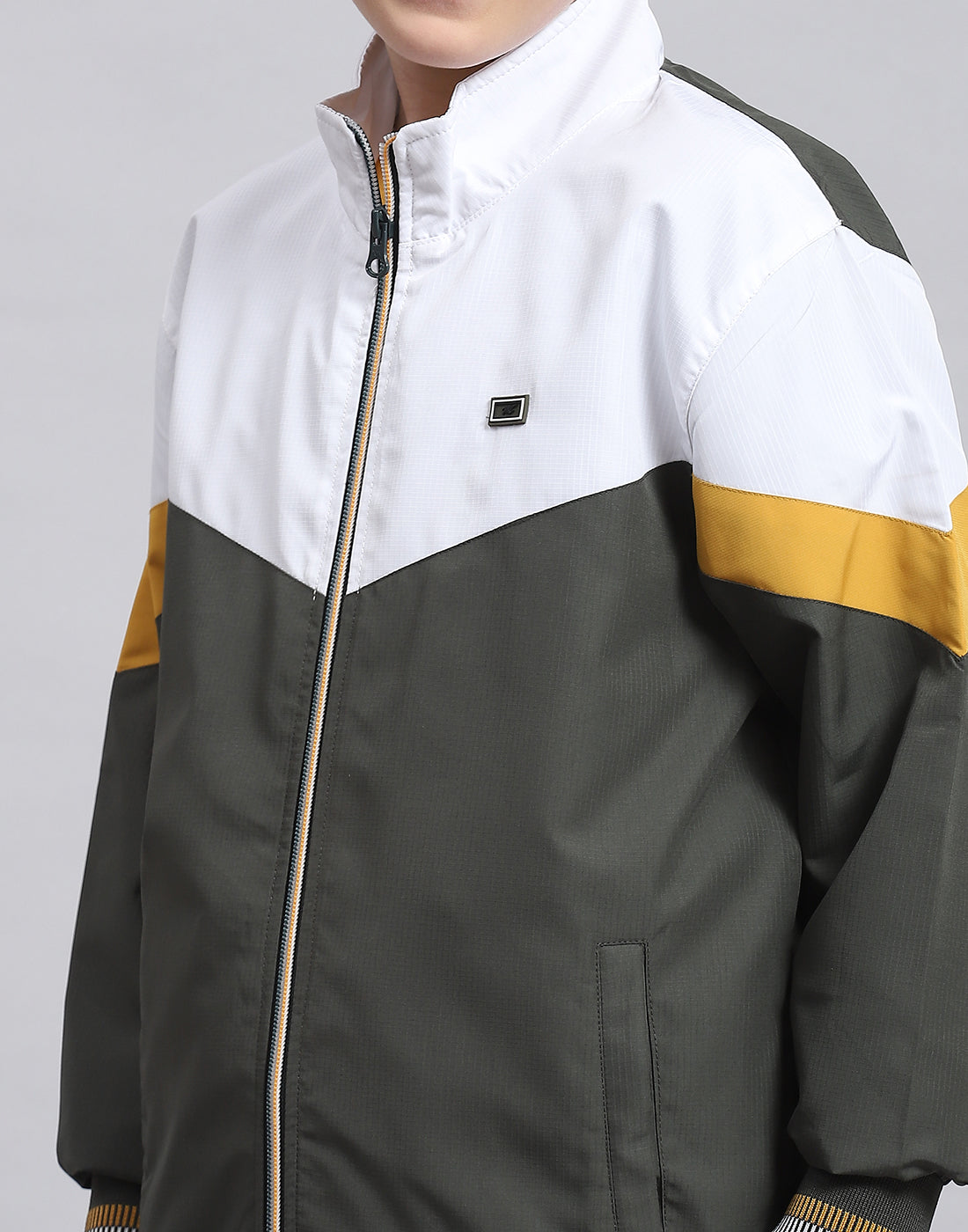 Boys Olive Printed Stand Collar Full Sleeve Tracksuit