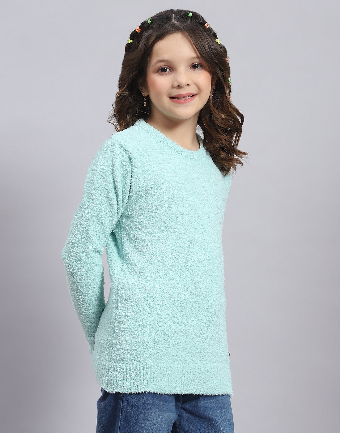 Girls Blue Solid Round Neck Full Sleeve Sweater