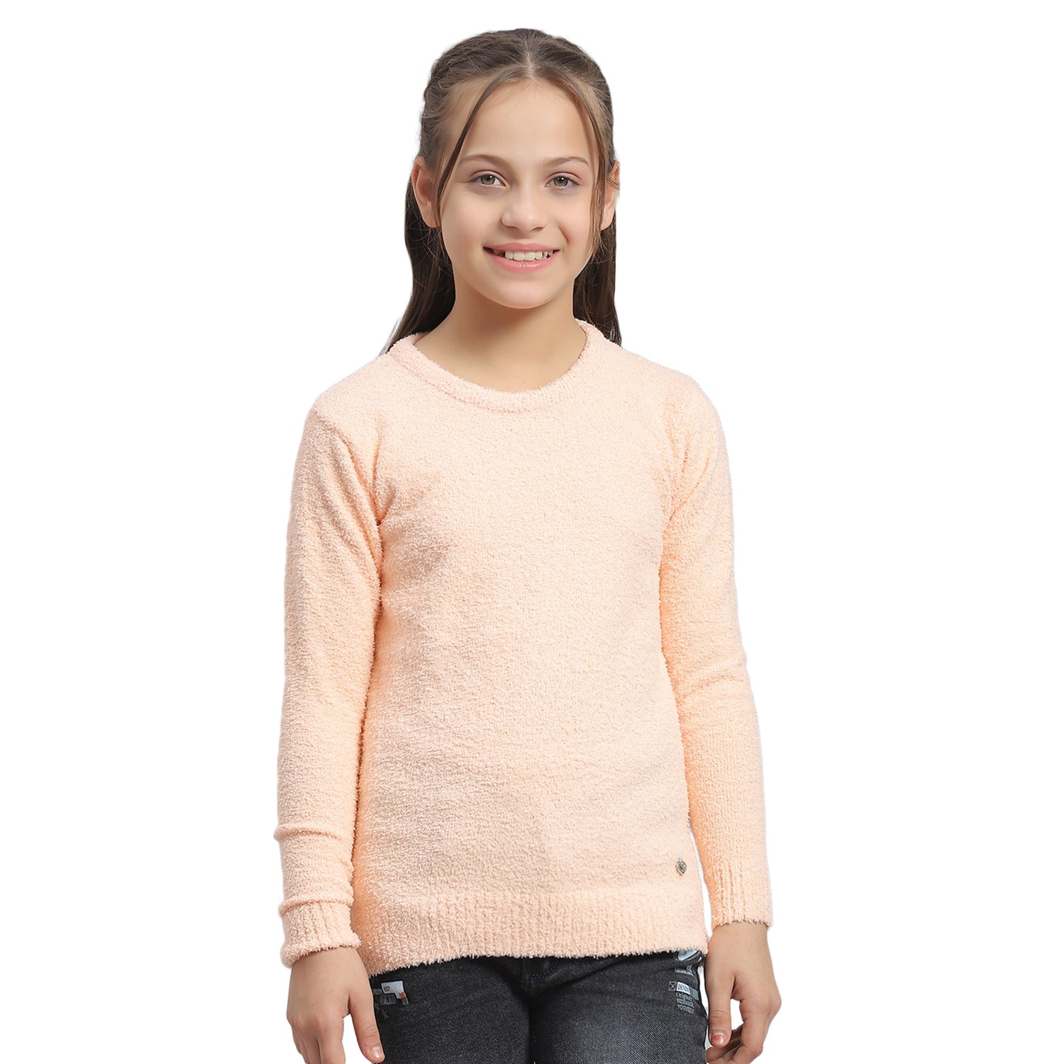 Girls Peach Solid Round Neck Full Sleeve Sweater