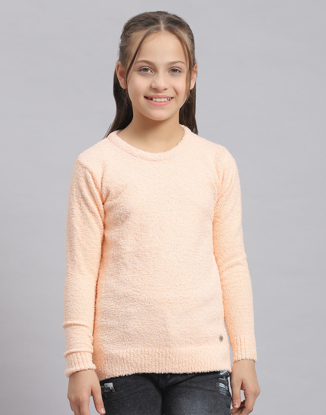 Girls Peach Solid Round Neck Full Sleeve Sweater