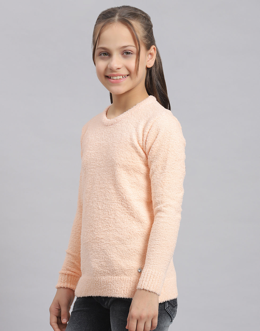 Girls Peach Solid Round Neck Full Sleeve Sweater