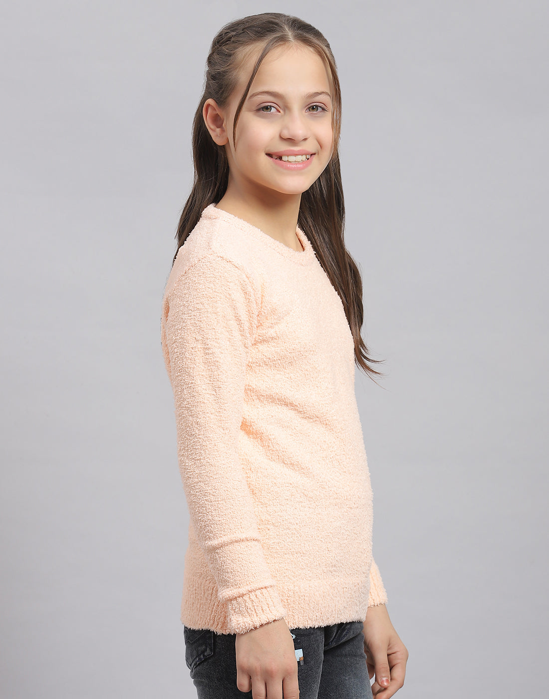Girls Peach Solid Round Neck Full Sleeve Sweater