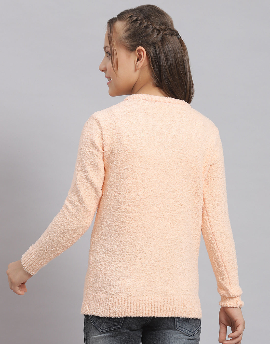Girls Peach Solid Round Neck Full Sleeve Sweater