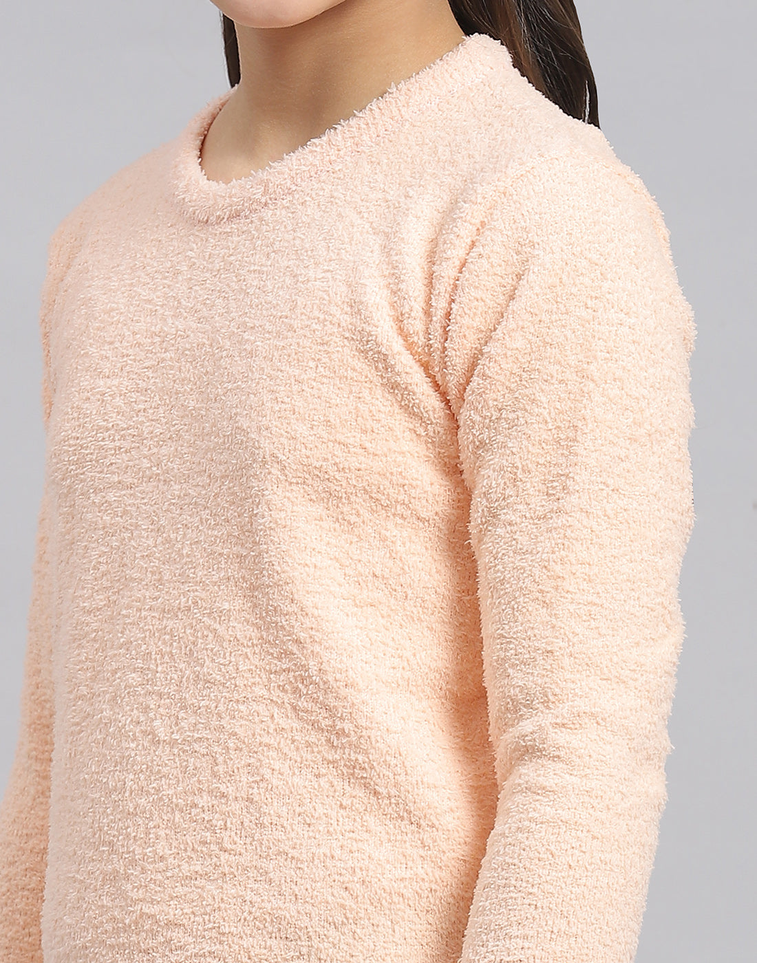 Girls Peach Solid Round Neck Full Sleeve Sweater
