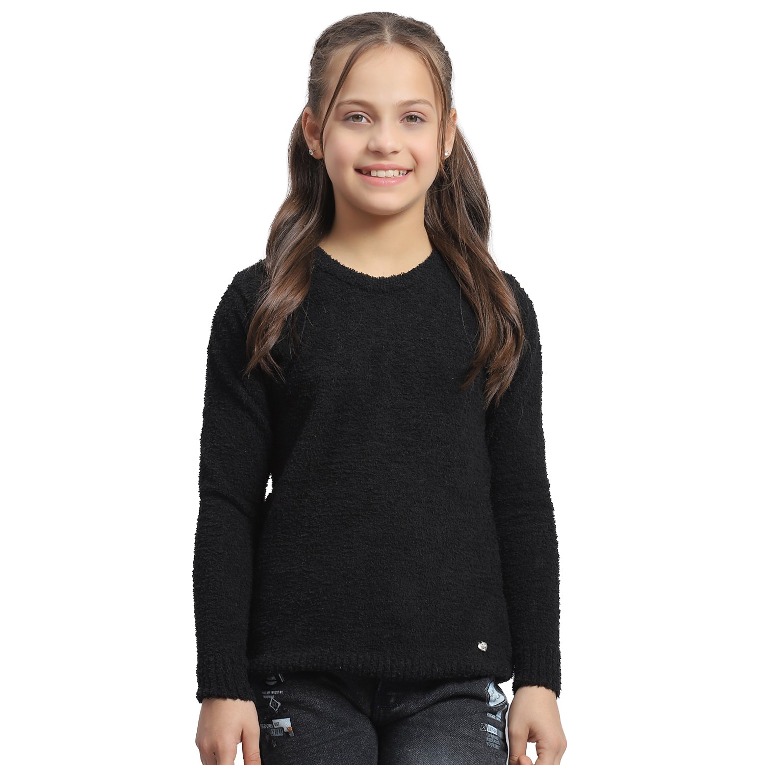 Girls Black Solid Round Neck Full Sleeve Sweater