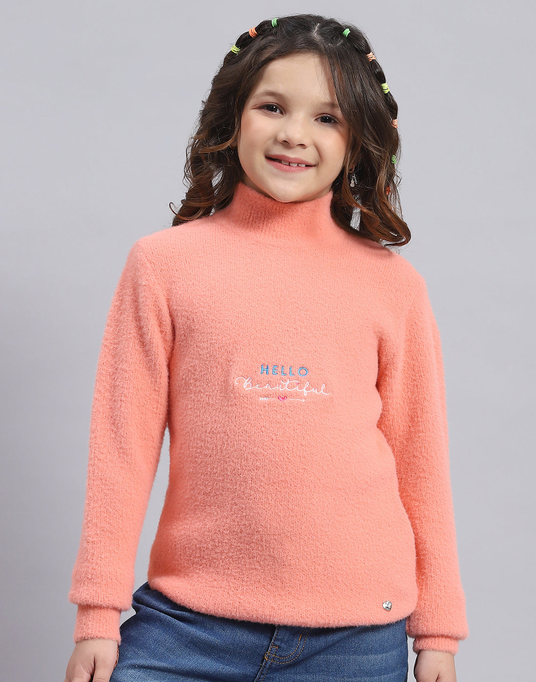 Girls Peach Solid T Neck Full Sleeve Sweater