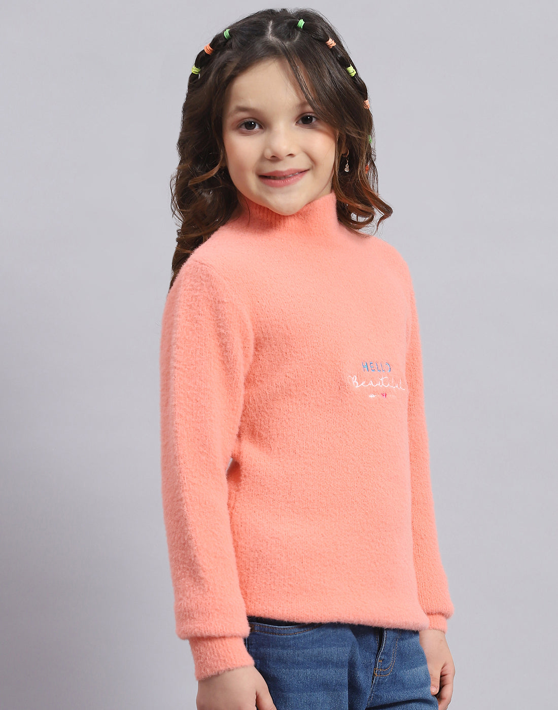 Girls Peach Solid T Neck Full Sleeve Sweater