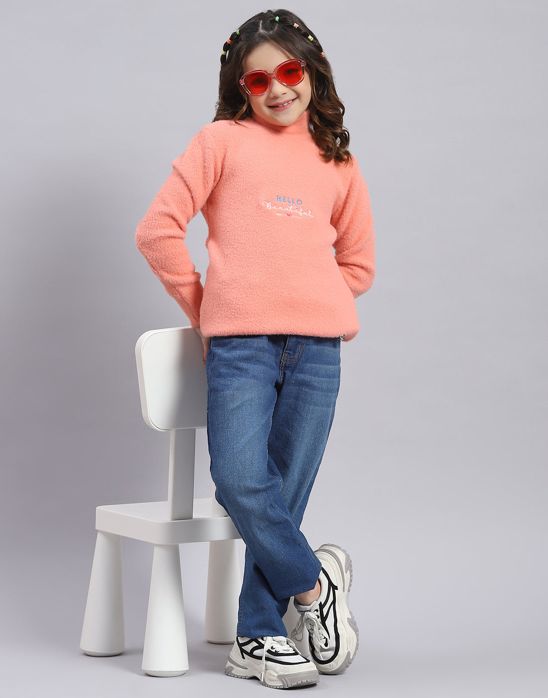 Girls Peach Solid T Neck Full Sleeve Sweater
