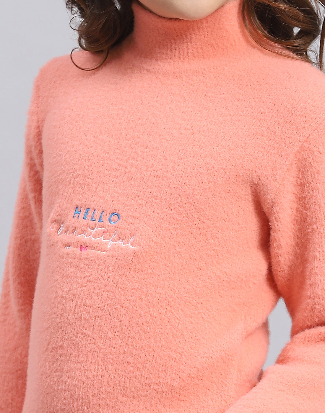 Girls Peach Solid T Neck Full Sleeve Sweater