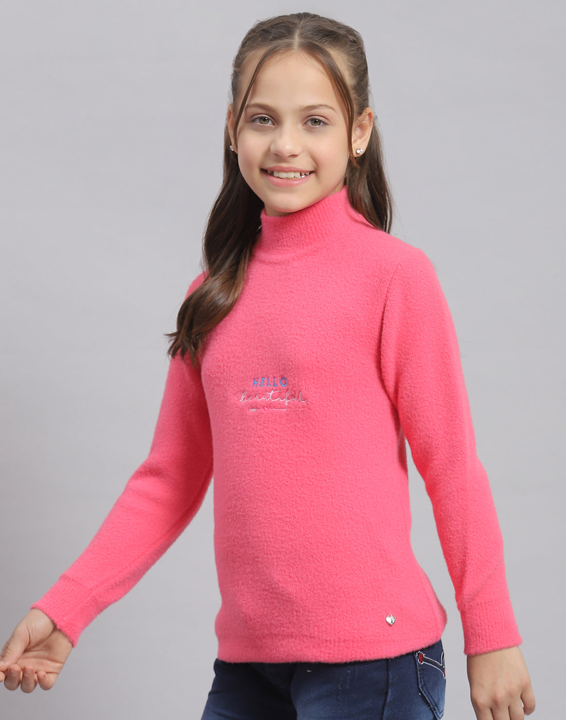 Girls Pink Solid T Neck Full Sleeve Sweater