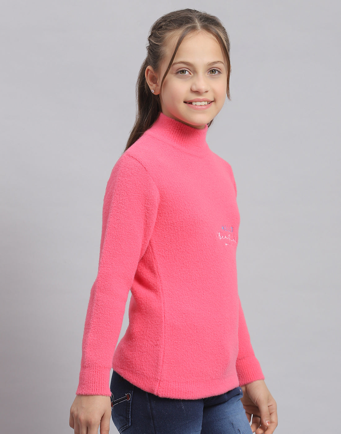 Girls Pink Solid T Neck Full Sleeve Sweater