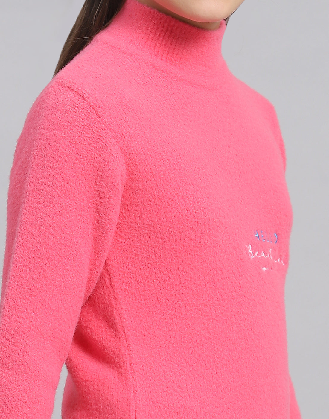Girls Pink Solid T Neck Full Sleeve Sweater