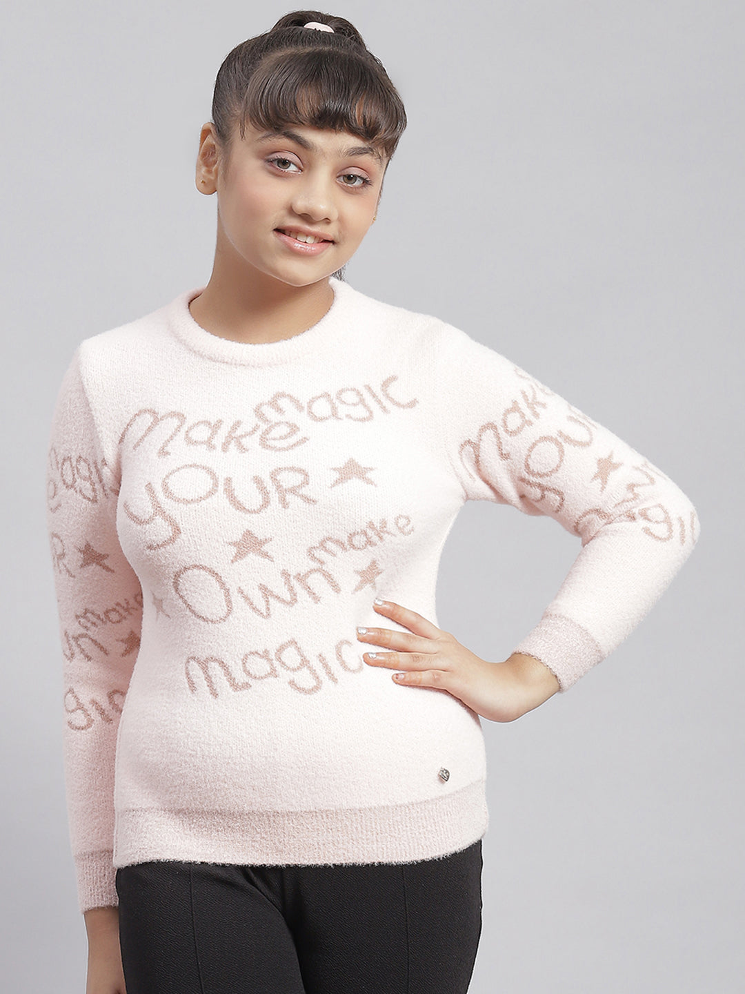 Girls Pink Printed Round Neck Full Sleeve Sweater