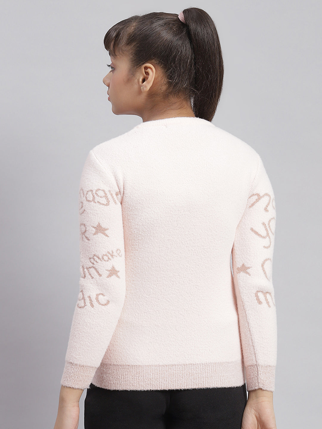 Girls Pink Printed Round Neck Full Sleeve Sweater